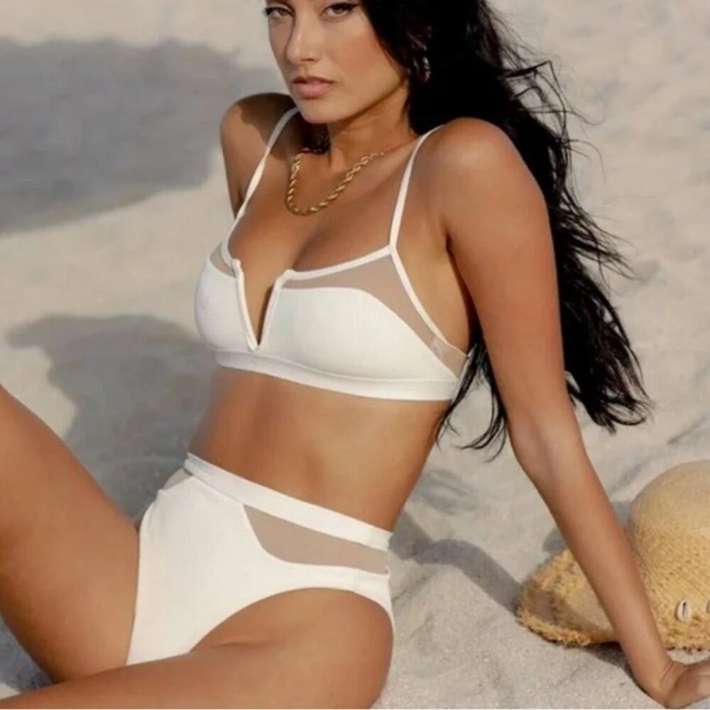 Lspace Ribbed Sadie Bikini Top White Nude Mesh Size S NWT